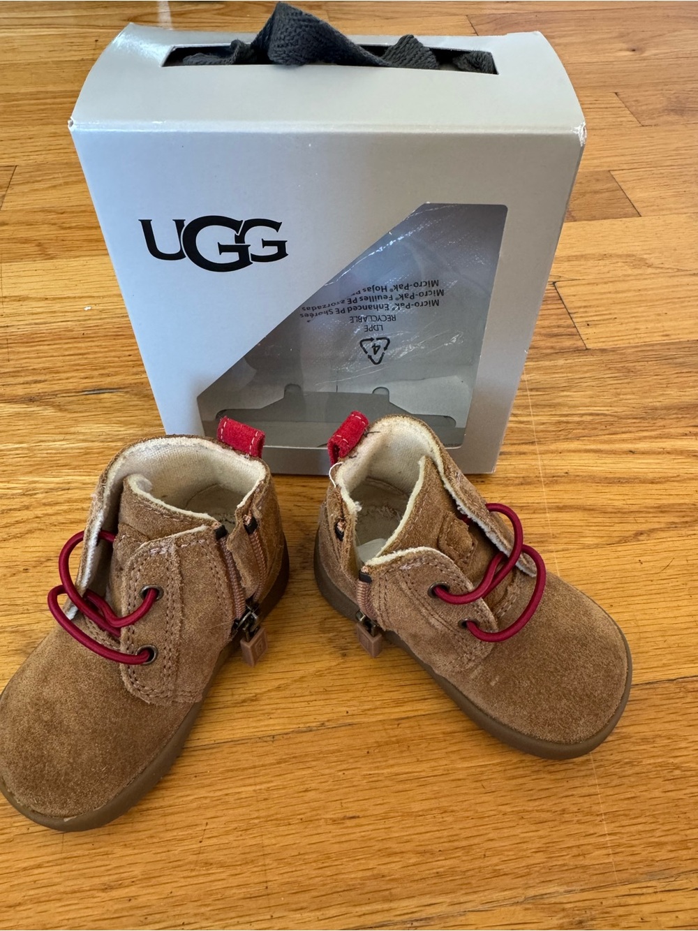 UGG Baby Chestnut Suede Boots with Red Lace Accents